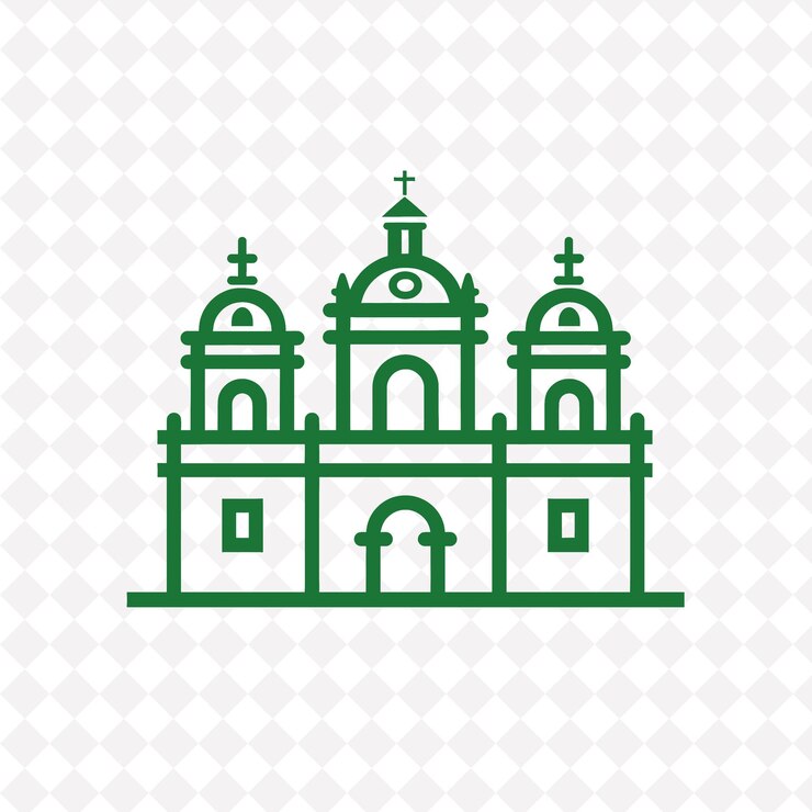 PSD un edificio verde con un patrón de la imagen de una iglesia en un fondo blanco