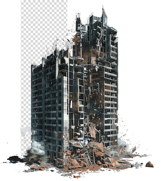 edificios altos post-apocalíptico destruido y vfx dramático aislado