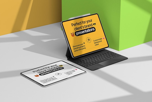 Editable colour object device tablet PSD mockup with natural shadow