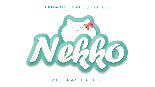 PSD editable nekko text effect vector design un gato de dibujos animados azul y blanco con un lazo rojo en la parte inferior