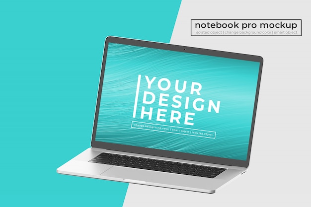 Editable premium realistic 15 inch notebook pro psd mock up design en vista isométrica en ángulo recto