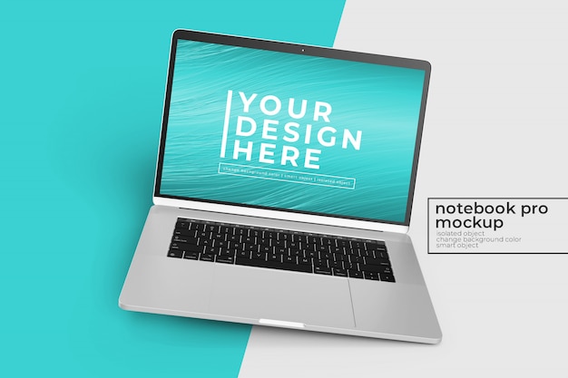 Editable Realistic 15 Inch Laptop Pro Mock Up Design s en posición girada a la derecha en la vista central