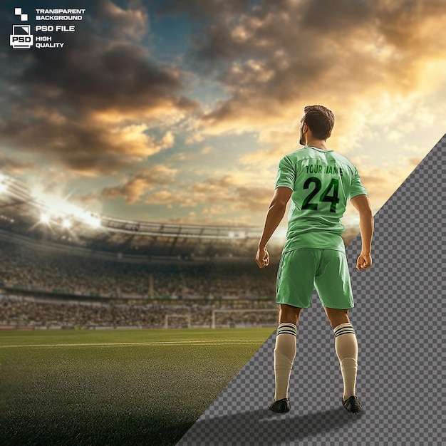 Editável de um jogador de futebol de pé no estádio