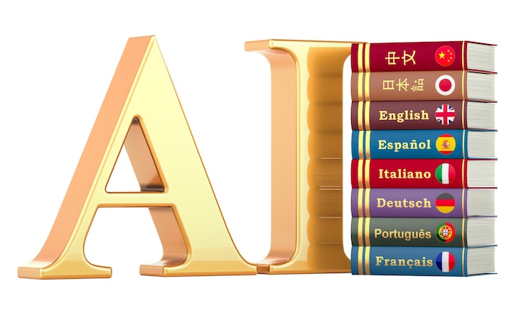 PSD educación concepto de inteligencia artificial ia con un montón de idiomas libros renderización 3d aislada en un fondo transparente