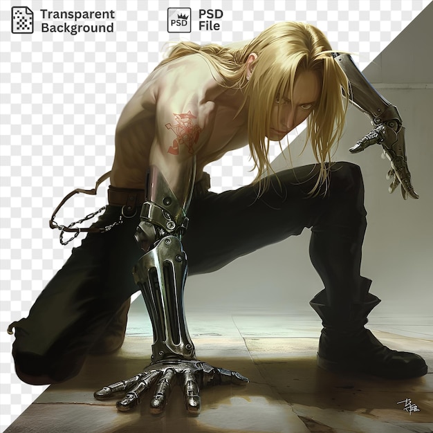 PSD edward elric de fullmetal alchemist está de pie frente a una pared blanca con pantalones y botas negras con el pelo largo y rubio que fluye detrás de él