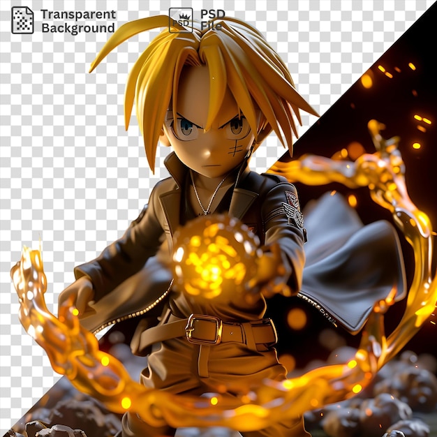 PSD edward elric de fullmetal alchemist está transmutando un objeto con sus manos mientras lleva un cinturón marrón y un collar de oro y plata su cabello amarillo es visible