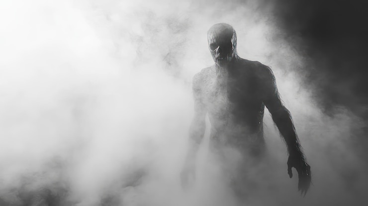 PSD eerie monstrous figure emerging from fog