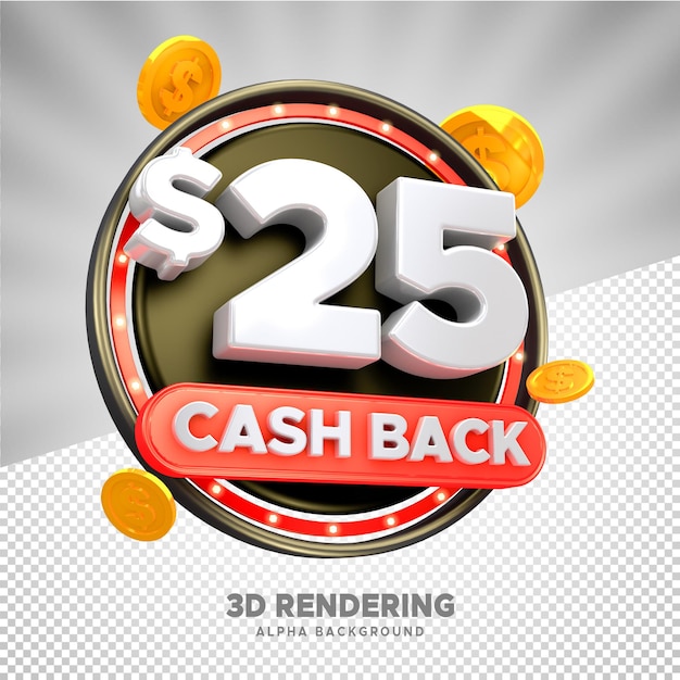 En efectivo de vuelta 25 dólares PSD renderización en 3D