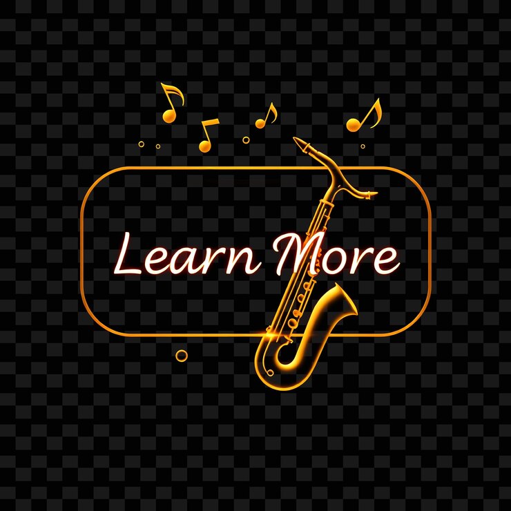 PSD efecto aprender más texto en estilo neon jazz notas musicales flotan alrededor del botón decorado con sa