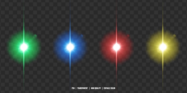 Efecto de destello de lente colorido realista aislado sobre fondo transparente