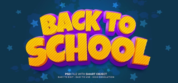 PSD efecto de estilo 3d de texto editable de regreso a la escuela con fondo de útiles escolares