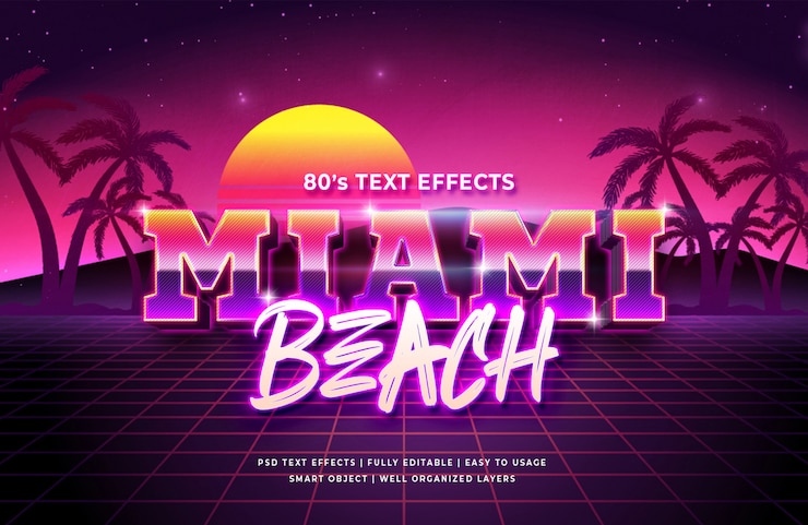 PSD efecto de estilo de texto 3d de miami beach