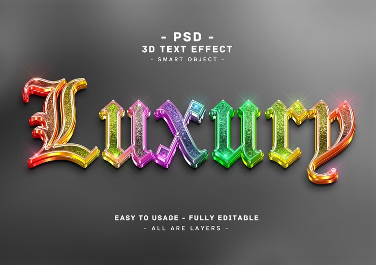 PSD efecto de estilo de texto de brillo de colores 3d de lujo