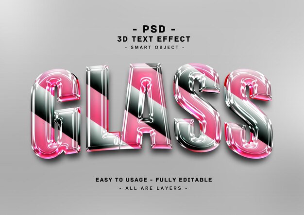 PSD efecto de estilo de texto de color rosa negro editable en vidrio 3d