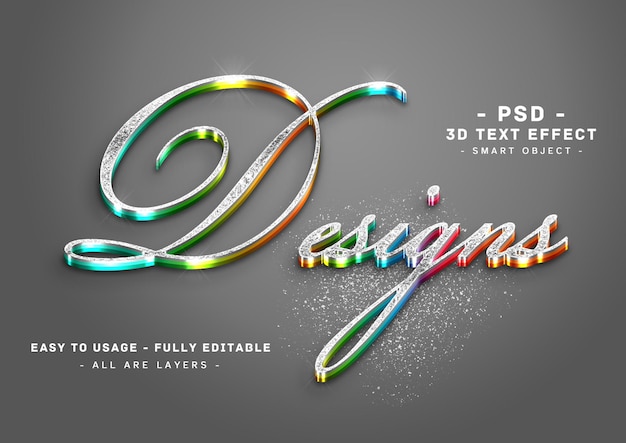 PSD efecto de estilo de texto de colores de brillo plateado 3d de desings
