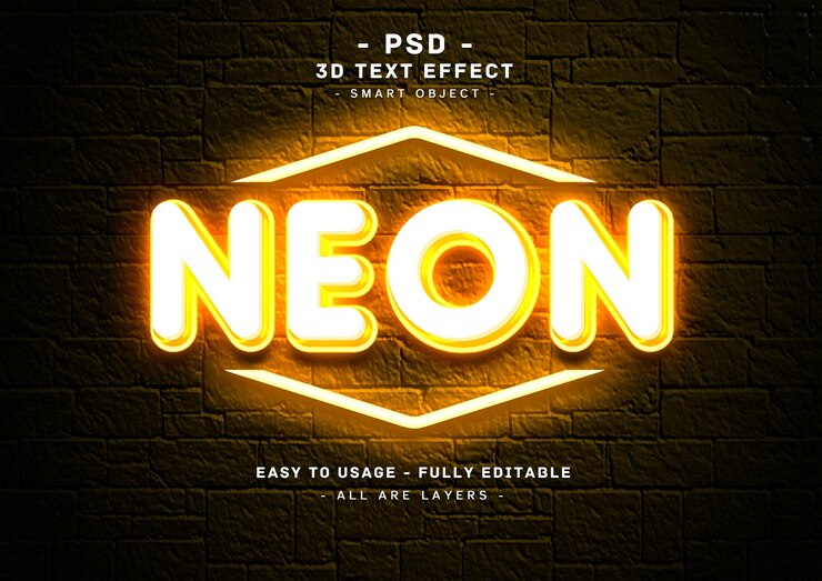 PSD efecto de estilo de texto de neón amarillo 3d