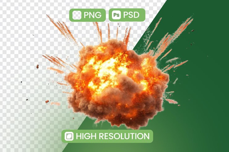 PSD efecto de explosión realista con fuego y escombros en el tema de destrucción de fondo transparente
