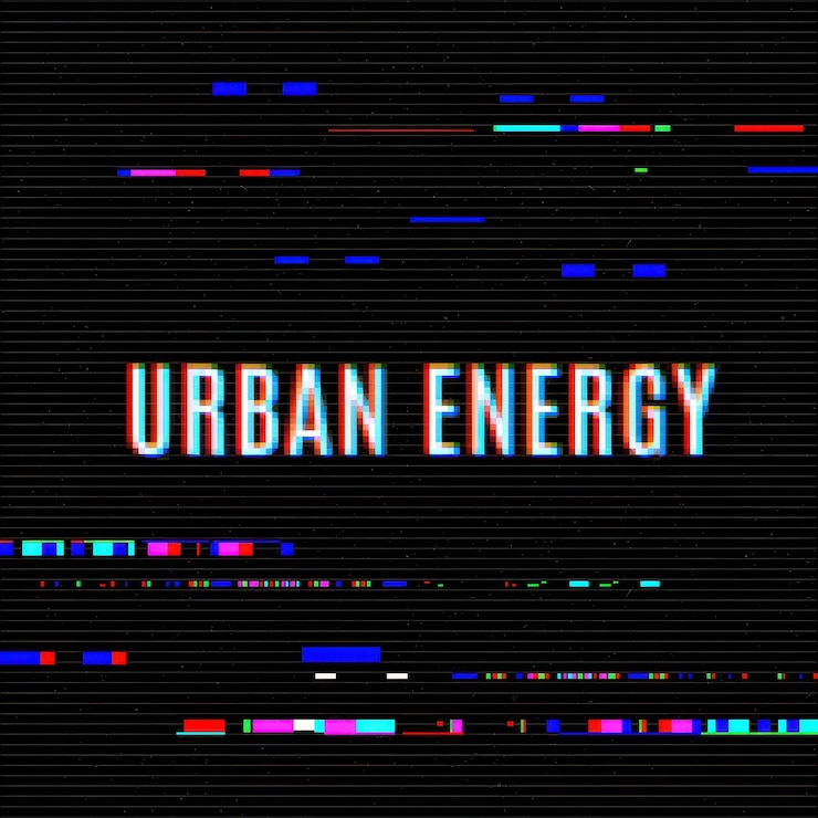 PSD efecto de fallo energético urbano texto en una pantalla distorsionada