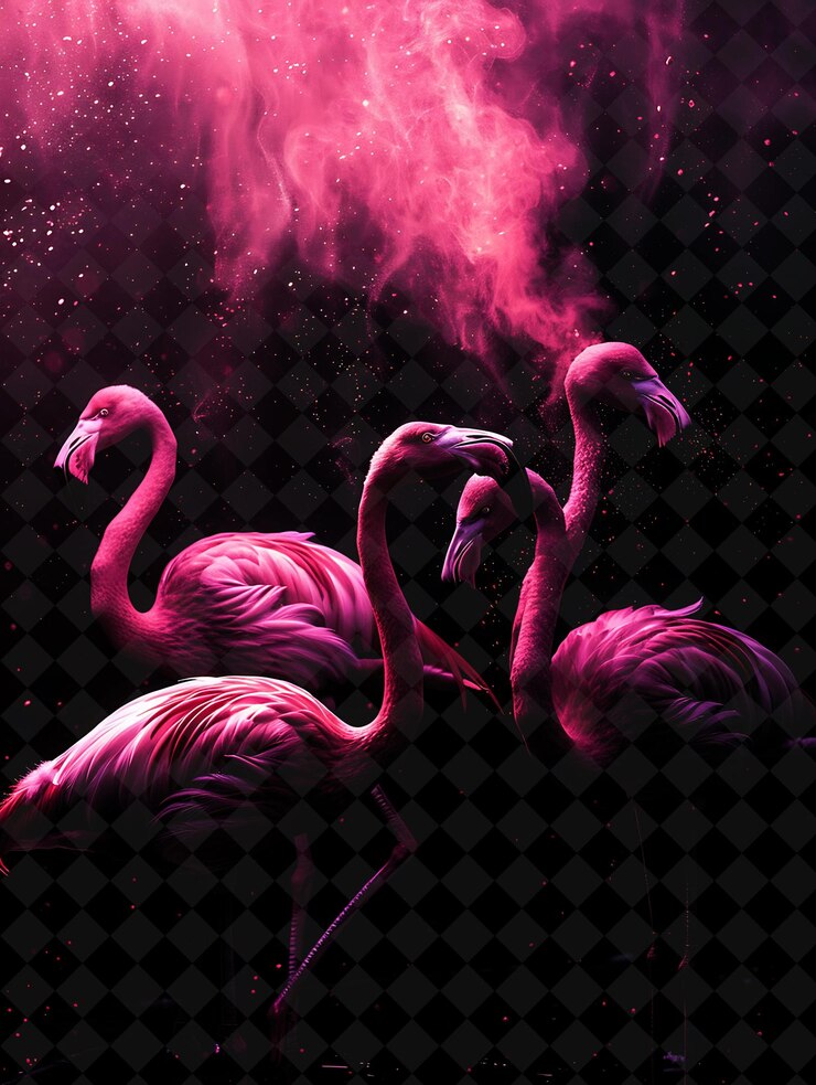 PSD efecto de flamenco de polvo de fucsia con flamencos rosados y color de neón mágico de fuchsia en fondo oscuro