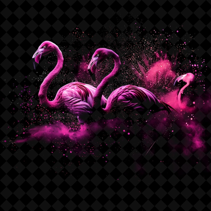 PSD efecto de flamenco de polvo de fucsia con flamencos rosados y color de neón mágico de fuchsia en fondo oscuro