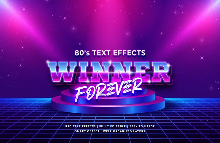 PSD efecto ganador de texto retro de los años 80 para siempre