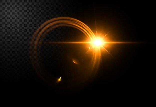 Efecto de luz dorada intensa con destello de lente y estallido de estrellas