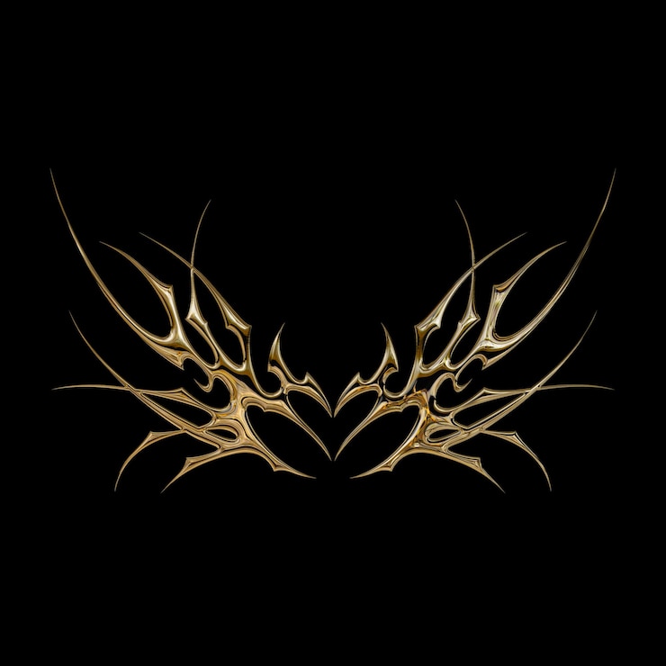 PSD efecto de metal cromado 3d neo tribal y2k estilo gótico tatuaje diseño de corazón de sigilismo cibernético