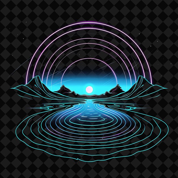 Efecto de neón pulsante en un viaje en el tiempo con un silho circular PNG Y2K Diseños espaciales de neón