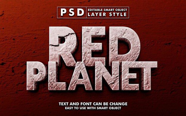 Efecto de piedra 3d del planeta rojo. efecto de texto editable con objeto inteligente premium psd