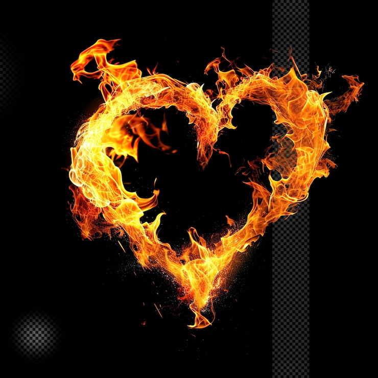 PSD efecto de quema de fuego en forma de corazón fondo transparente aislado