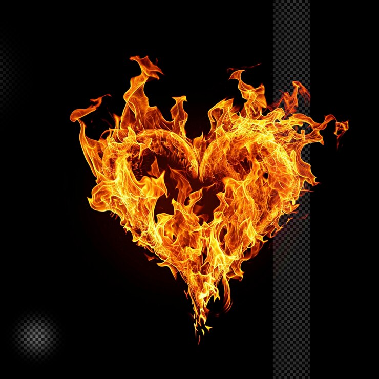 PSD efecto de quema de fuego en forma de corazón fondo transparente aislado
