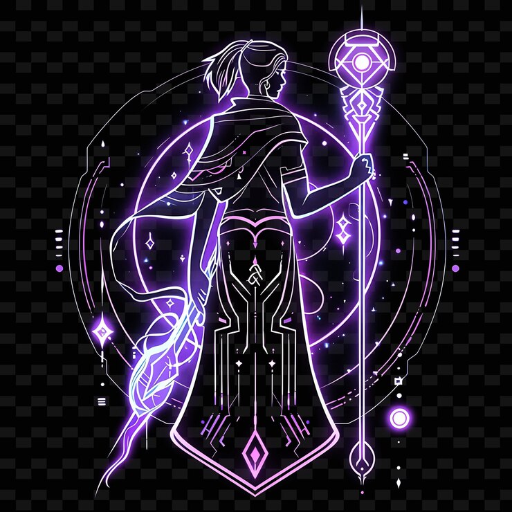 PSD efecto radiante de una sacerdotisa con un bastón mágico con neón png diseños artísticos creativos de línea de neón