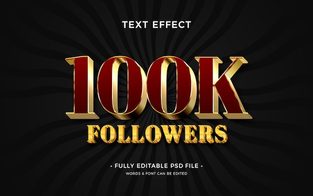 Efecto de texto de 100k seguidores en redes sociales.