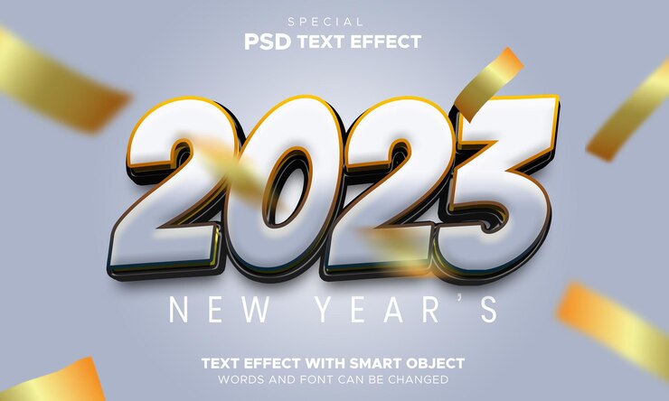 PSD efecto de texto 2023 objeto inteligente plateado.