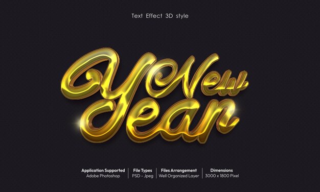 Efecto de texto 3D de año nuevo de PSD con estilo en relieve dorado