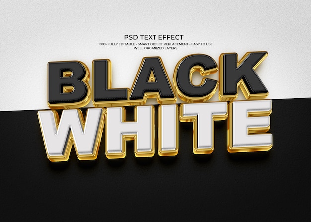 Efecto de texto 3D en blanco y negro con contorno dorado