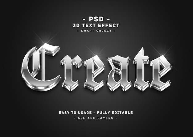 PSD un efecto de texto 3d en blanco y negro con letras plateadas.