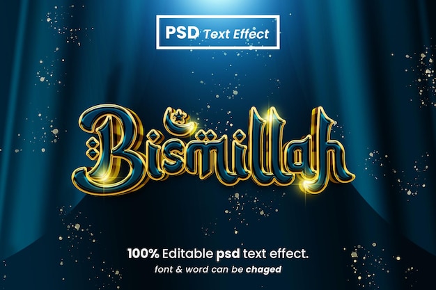 Efecto de texto 3D editable brillante de Bismillah