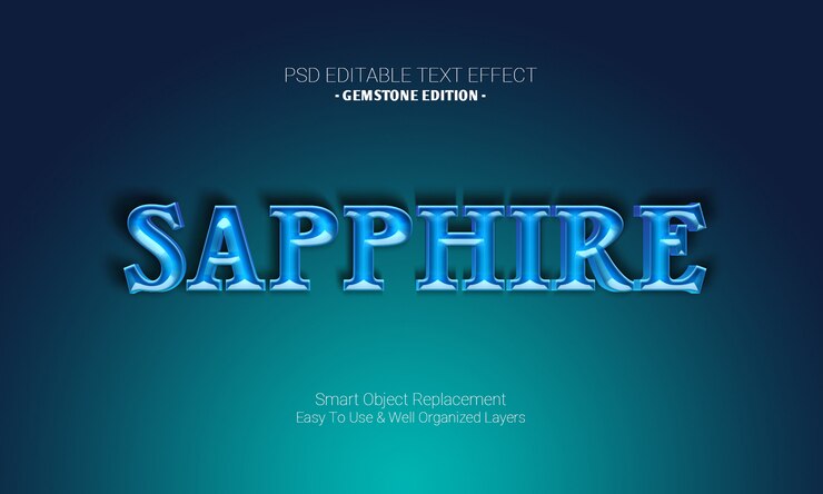 PSD efecto de texto 3d editable premium de photoshop en gemstone edition de blue cyan sapphire shiny design
