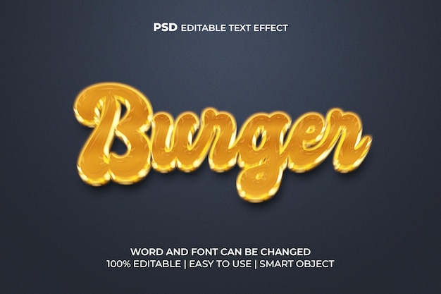 Efecto de texto 3d de hamburguesa dorada