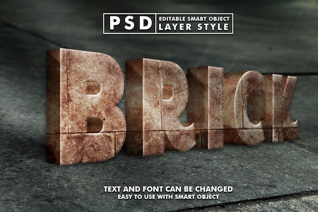 Efecto de texto 3d de ladrillo efecto de texto editable psd premium con objeto inteligente