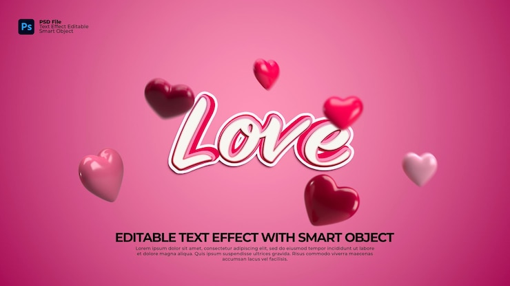 PSD efecto de texto de amor psd editable con objetos y elementos inteligentes