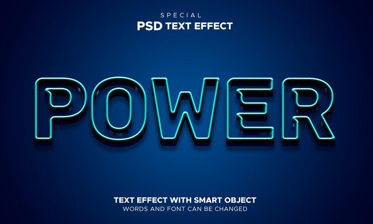 PSD efecto de texto azul, texto de poder editable, plata brillante y estilo de texto de color negro suave sobre fondo negro