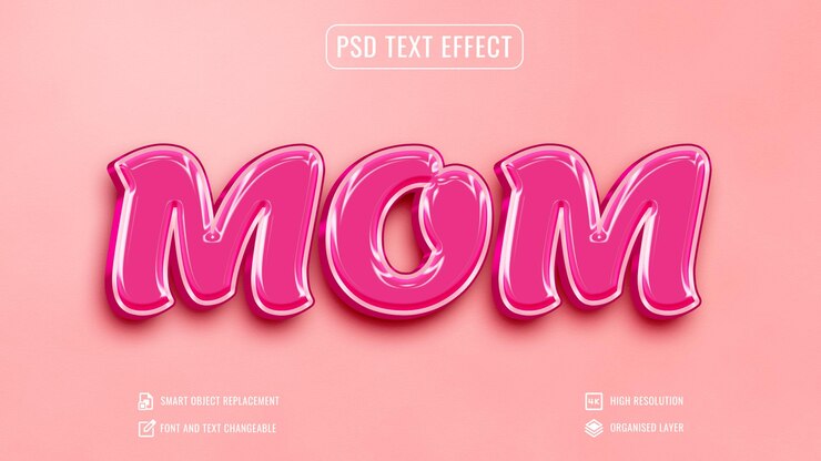 PSD efecto de texto brillante editable para el día de la madre en un fondo rosa aislado