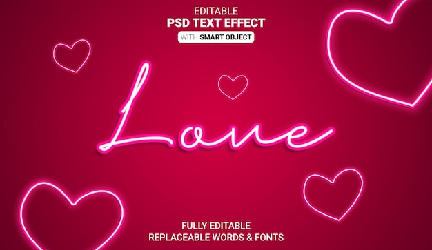 efecto de texto de brillo de neón rosa de amor de san valentín