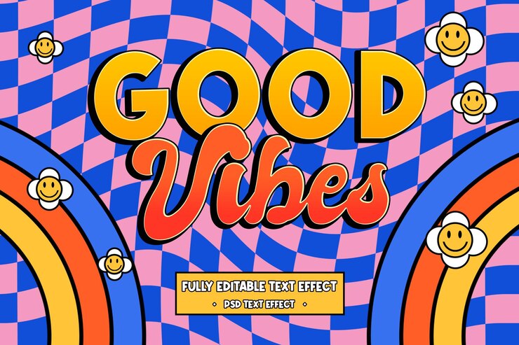PSD efecto de texto de buenas vibraciones con arco iris retro y flores sonrientes