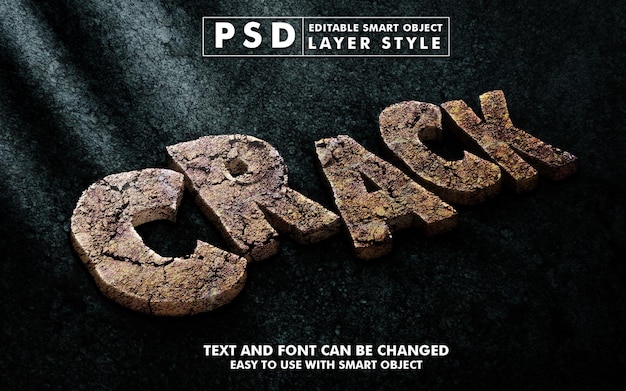 Efecto de texto crack realista 3d con objeto inteligente premium psd