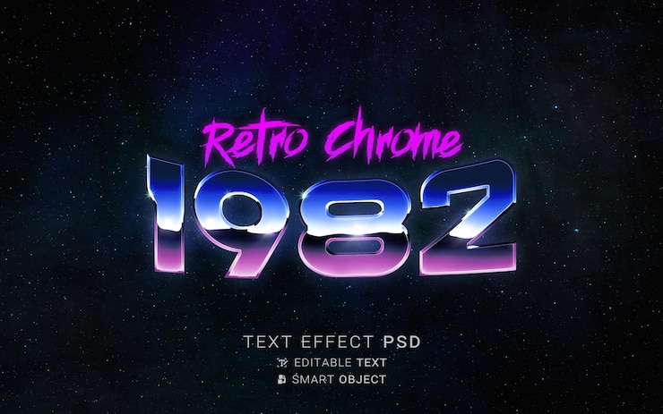 PSD efecto de texto cromado retro de los años 80