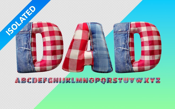 PSD efecto de texto dad del día del padre con fondo aislado de cuadros y denim