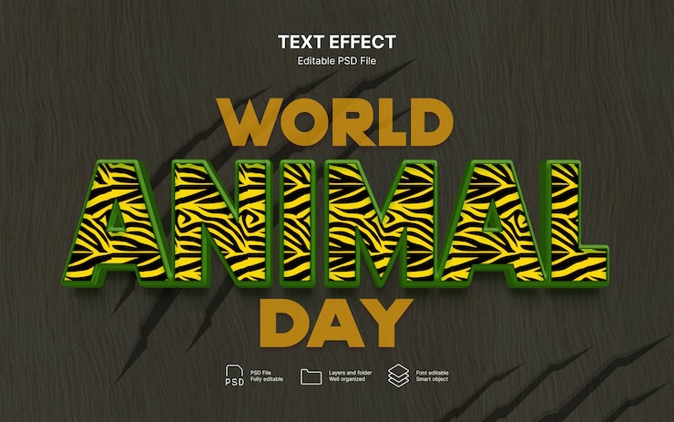 PSD efecto de texto del día mundial de los animales